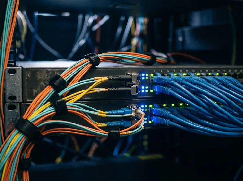 Fiber optic and blue patch cables neatly dressed into a network switch
